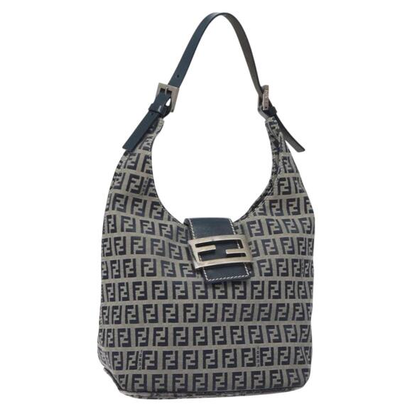 FENDI Zucchino Canvas Shoulder Bag Navy Silver - Picture 1 of 13